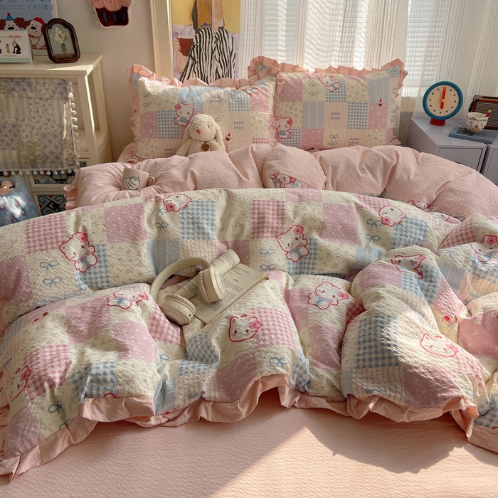 91家纺网 家纺一手货源 找家纺 迪梦姿家纺 2026新款高克重泡芙纱泡泡纱床单款四件套系列 甜喵块块