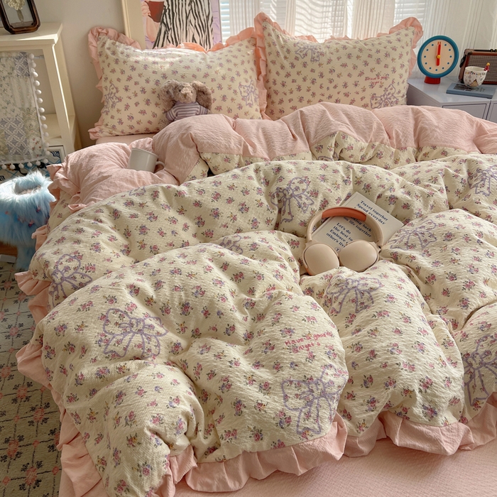 91家纺网 家纺一手货源 找家纺 迪梦姿家纺 2026新款高克重泡芙纱泡泡纱床单款四件套系列 星野蝴蝶结