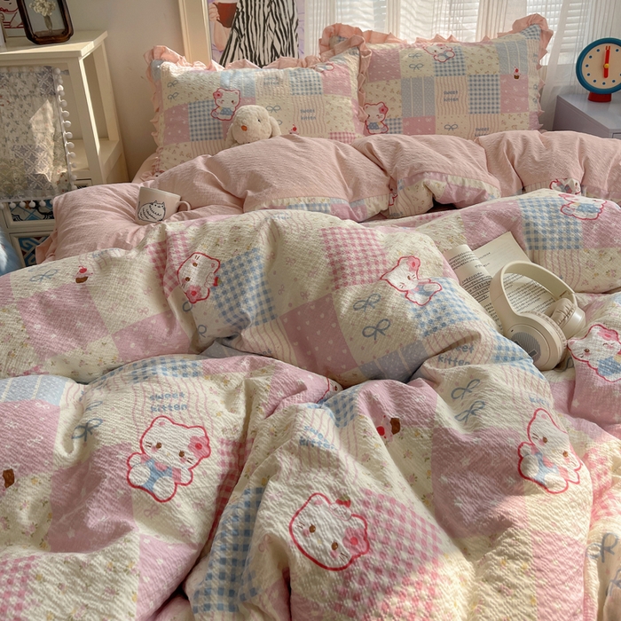 91家纺网 家纺一手货源 找家纺 迪梦姿家纺 2026新款高克重泡芙纱泡泡纱床单款四件套系列 甜喵块块