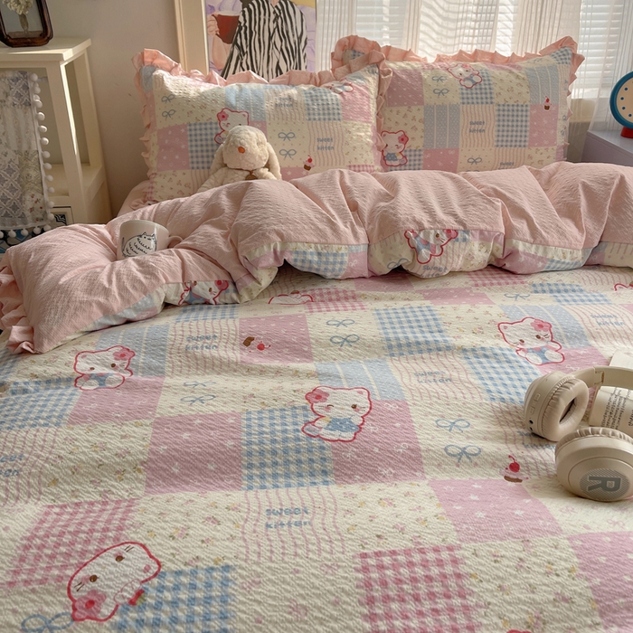 91家纺网 家纺一手货源 找家纺 迪梦姿家纺 2026新款高克重泡芙纱泡泡纱床单款四件套系列 甜喵块块