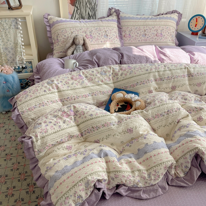 91家纺网 家纺一手货源 找家纺 迪梦姿家纺 2026新款高克重泡芙纱泡泡纱床单款四件套系列 小兔裙边