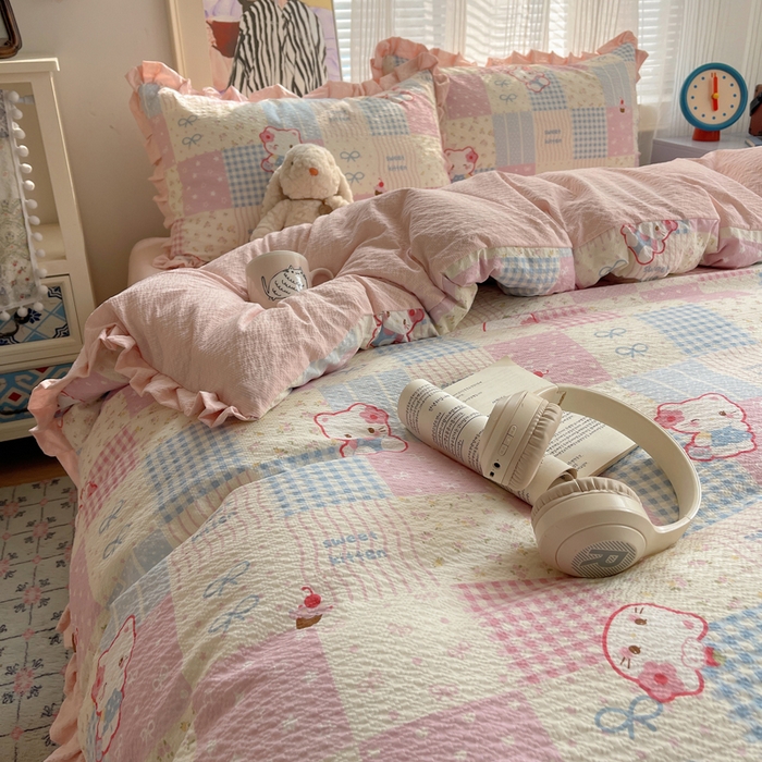 91家纺网 家纺一手货源 找家纺 迪梦姿家纺 2026新款高克重泡芙纱泡泡纱床单款四件套系列 甜喵块块