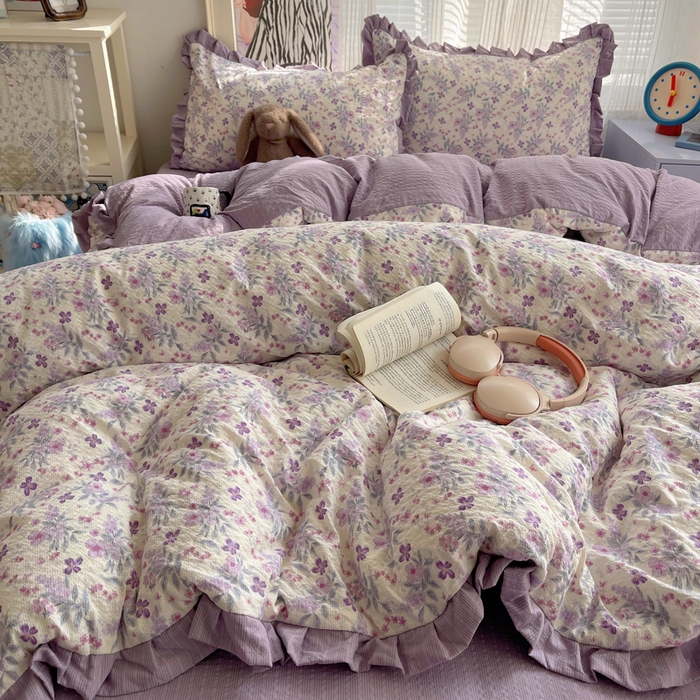 91家纺网 家纺一手货源 找家纺 迪梦姿家纺 2026新款高克重泡芙纱泡泡纱床单款四件套系列 紫雾花蝶集