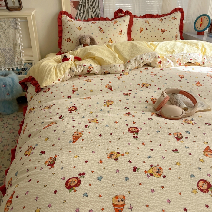 91家纺网 家纺一手货源 找家纺 迪梦姿家纺 2026新款高克重泡芙纱泡泡纱床单款四件套系列 旧街星星