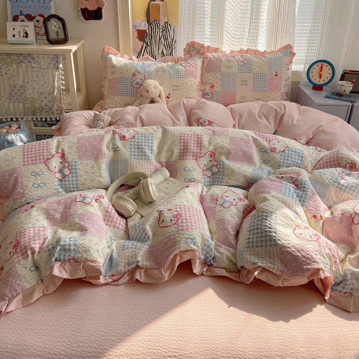 91家纺网 家纺一手货源 找家纺 迪梦姿家纺 2026新款高克重泡芙纱泡泡纱床单款四件套系列 甜喵块块