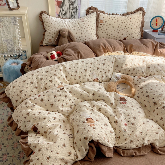 91家纺网 家纺一手货源 找家纺 迪梦姿家纺 2026新款高克重泡芙纱泡泡纱床单款四件套系列 田园兔