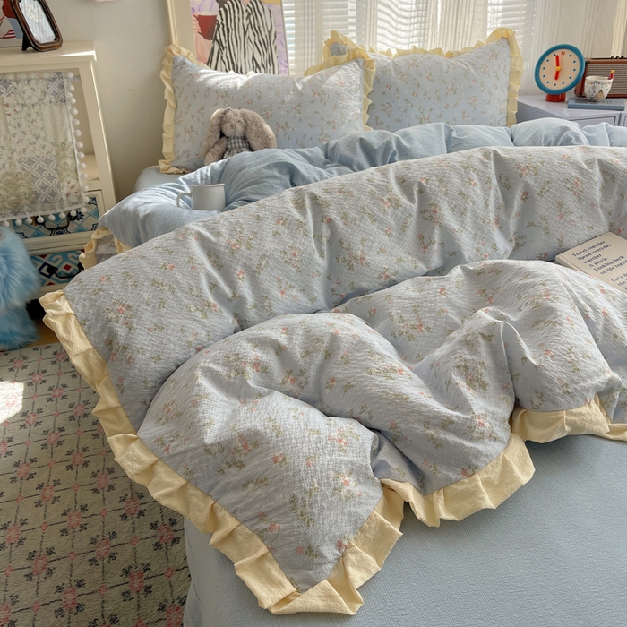 91家纺网 家纺一手货源 找家纺 迪梦姿家纺 2026新款高克重泡芙纱泡泡纱床单款四件套系列 浅沙花影蓝