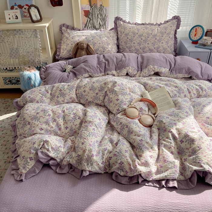 91家纺网 家纺一手货源 找家纺 迪梦姿家纺 2026新款高克重泡芙纱泡泡纱床单款四件套系列 紫雾花蝶集