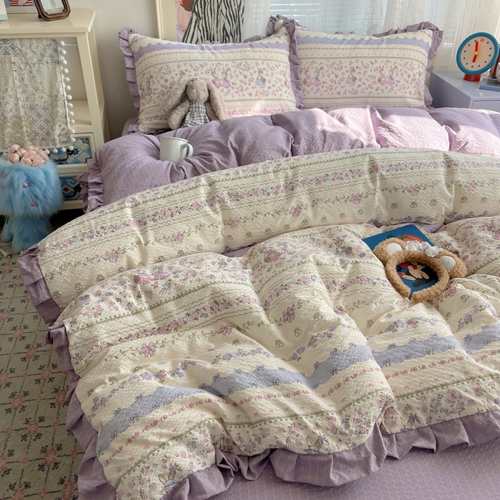 91家纺网 家纺一手货源 找家纺 迪梦姿家纺 2026新款高克重泡芙纱泡泡纱床单款四件套系列 小兔裙边