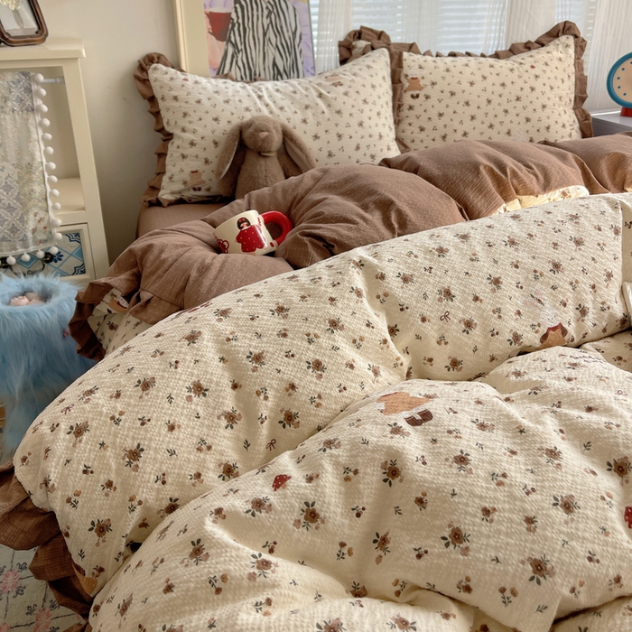 91家纺网 家纺一手货源 找家纺 迪梦姿家纺 2026新款高克重泡芙纱泡泡纱床单款四件套系列 田园兔