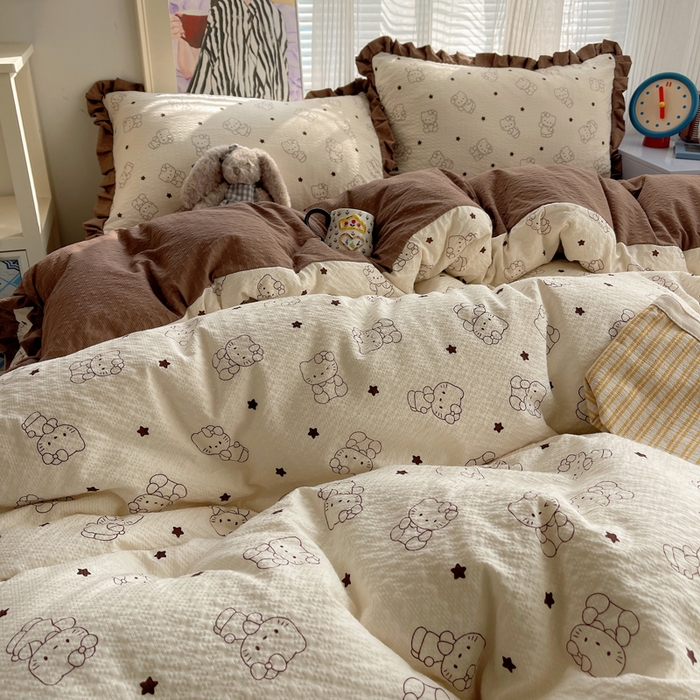 91家纺网 家纺一手货源 找家纺 迪梦姿家纺 2026新款高克重泡芙纱泡泡纱床单款四件套系列 描线小猫咖