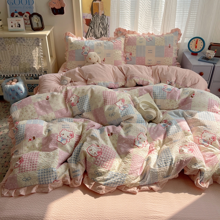 91家纺网 家纺一手货源 找家纺 迪梦姿家纺 2026新款高克重泡芙纱泡泡纱床单款四件套系列 甜喵块块