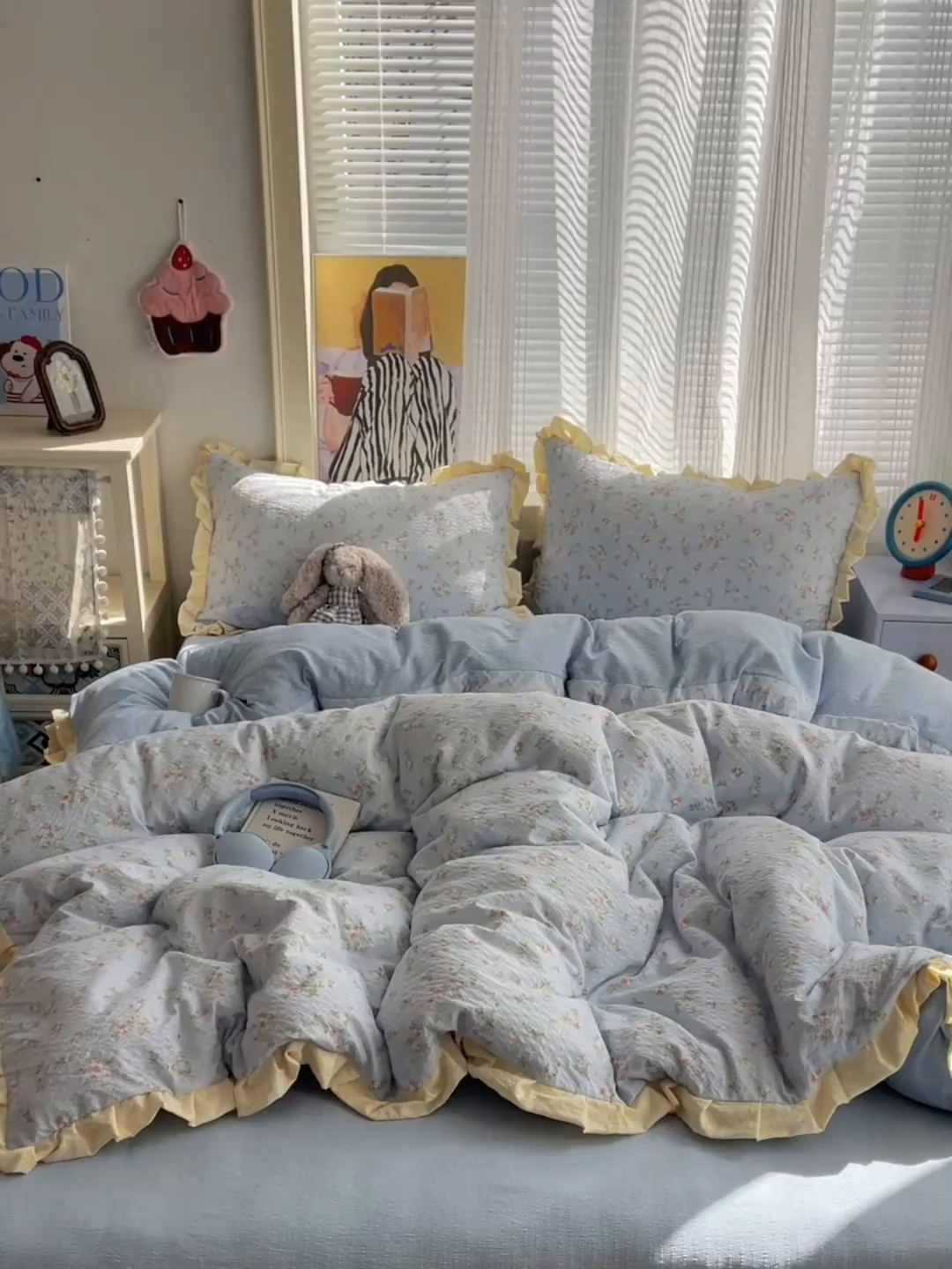 91家纺网 家纺一手货源 找家纺 迪梦姿家纺 2026新款高克重泡芙纱泡泡纱床单款四件套系列 浅沙花影蓝