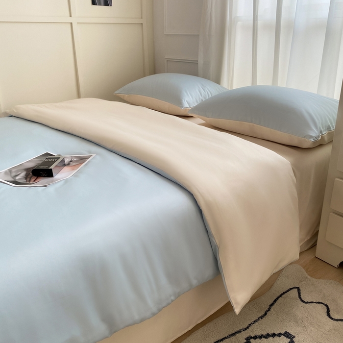 乐沐家纺 2026新款春夏水洗冰丝单被套 浅蓝米黄