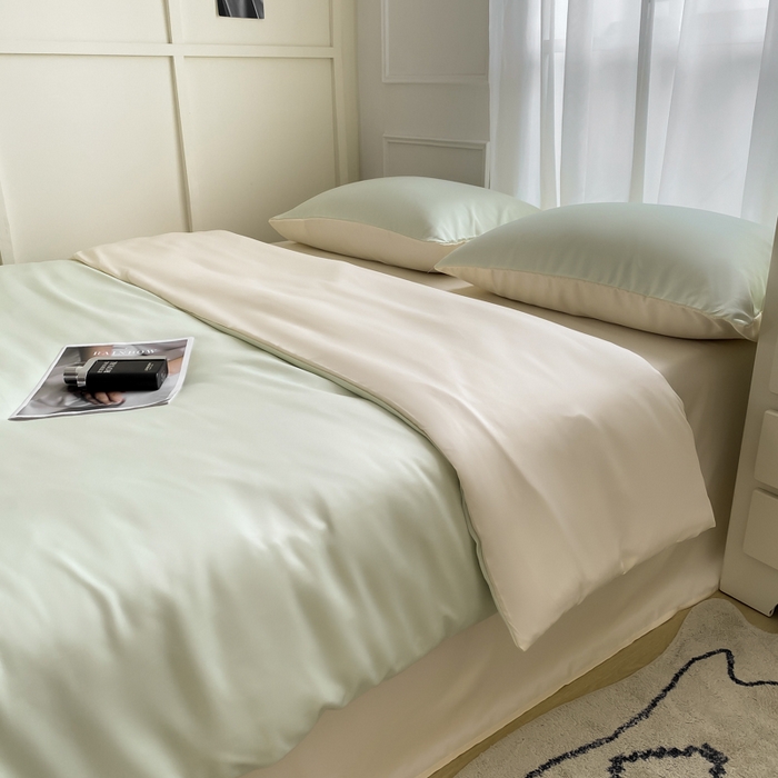 乐沐家纺 2026新款春夏水洗冰丝单被套 奶绿米黄