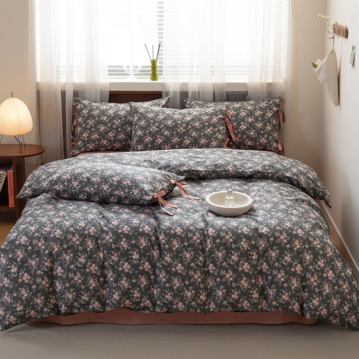 91家纺网 家纺一手货源 找家纺 （总）绫韵家纺 2026新款13372全棉ins小碎花纯棉田园风床单床笠四件套系绳蝴蝶结系列二