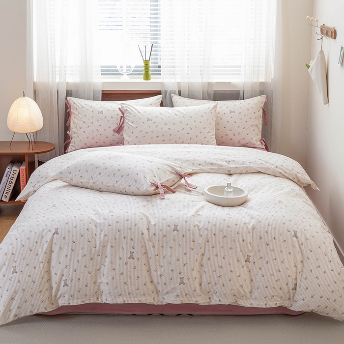 91家纺网 家纺一手货源 找家纺 （总）绫韵家纺 2026新款13372全棉ins小碎花纯棉田园风床单床笠四件套系绳蝴蝶结系列二