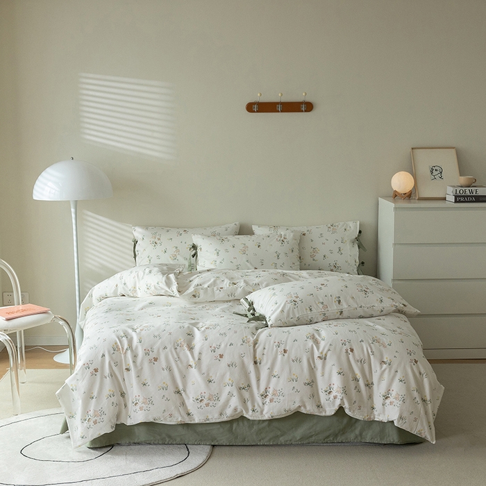 91家纺网 家纺一手货源 找家纺 （总）绫韵家纺 2026新款13372全棉ins小碎花纯棉田园风床单床笠四件套系绳蝴蝶结系列二