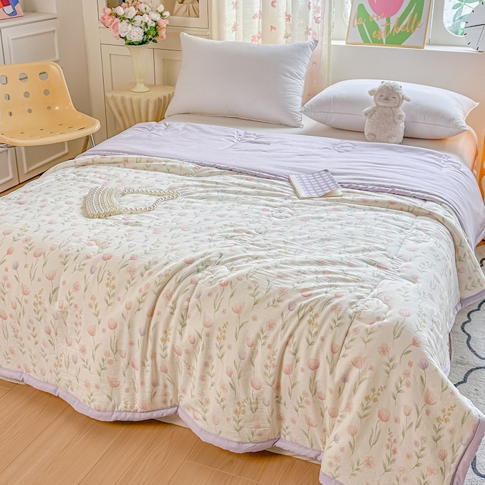 91家纺网 家纺一手货源 找家纺 爱宝被业 2026新款A类水洗棉新疆棉花夏被夏凉被 郁金香粉