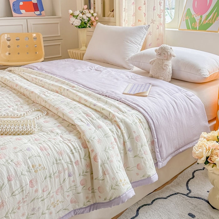 91家纺网 家纺一手货源 找家纺 爱宝被业 2026新款A类水洗棉新疆棉花夏被夏凉被 郁金香粉