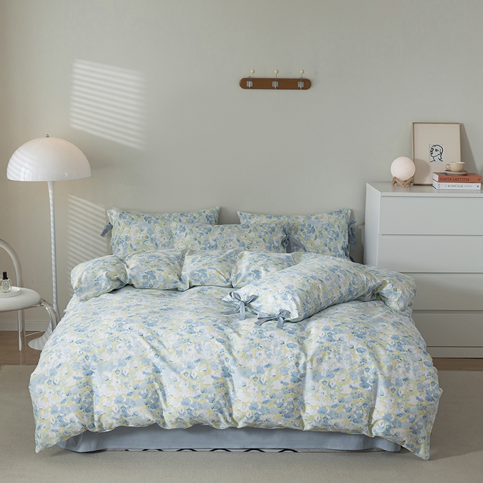 91家纺网 家纺一手货源 找家纺 （总）绫韵家纺 2026新款13372全棉ins小碎花纯棉田园风床单床笠四件套系绳蝴蝶结系列二