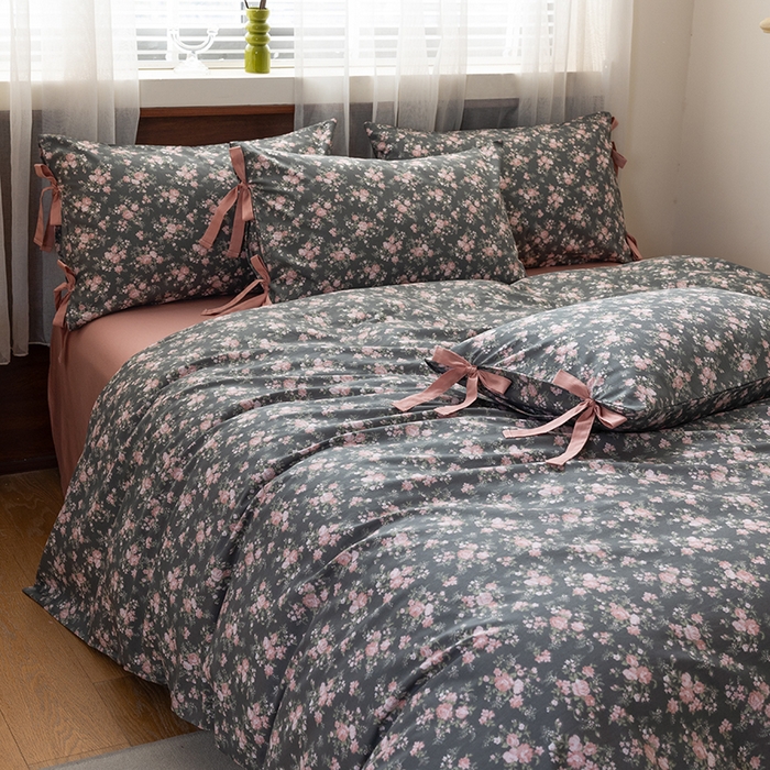 91家纺网 家纺一手货源 找家纺 绫韵家纺 2026新款13372全棉ins小碎花纯棉田园风床单床笠四件套系绳蝴蝶结系列二 白兰地