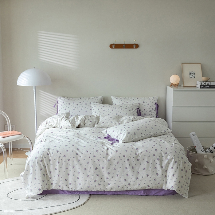 绫韵家纺 2026新款13372全棉ins小碎花纯棉田园风床单床笠四件套系绳蝴蝶结系列二 露娜-风信紫
