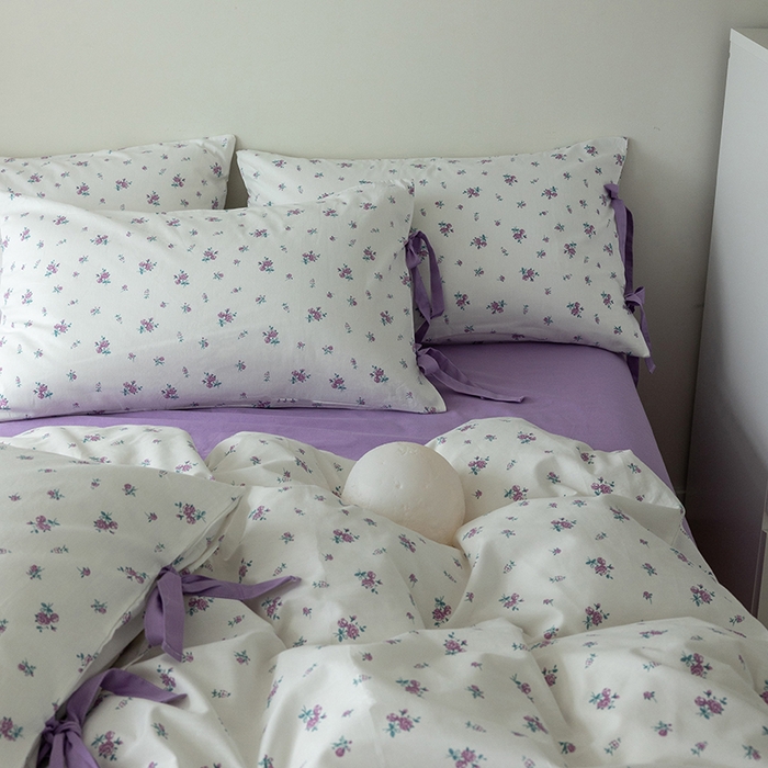 91家纺网 家纺一手货源 找家纺 绫韵家纺 2026新款13372全棉ins小碎花纯棉田园风床单床笠四件套系绳蝴蝶结系列二 露娜-风信紫