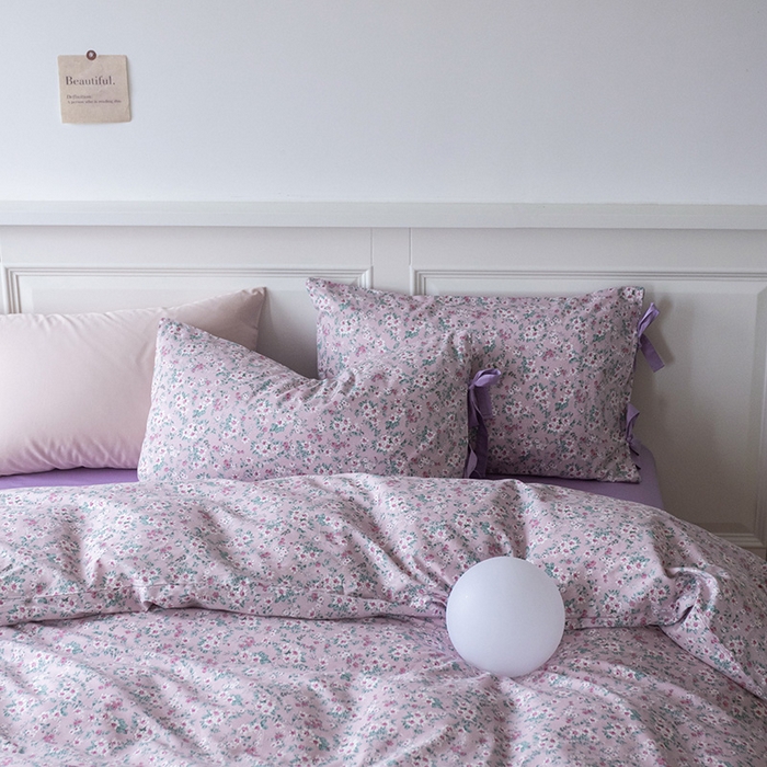 91家纺网 家纺一手货源 找家纺 绫韵家纺 2026新款13372全棉ins小碎花纯棉田园风床单床笠四件套系绳蝴蝶结系列二 蔓春-风信紫