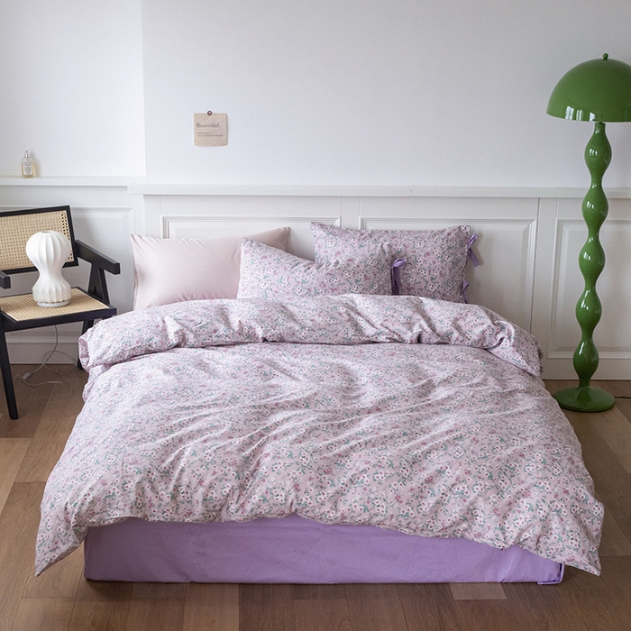 绫韵家纺 2026新款13372全棉ins小碎花纯棉田园风床单床笠四件套系绳蝴蝶结系列二 蔓春-风信紫