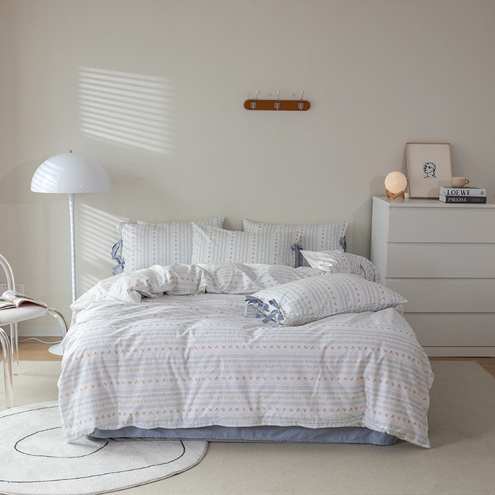 绫韵家纺 2026新款13372全棉ins小碎花纯棉田园风床单床笠四件套系绳蝴蝶结系列二 汀兰-海港蓝