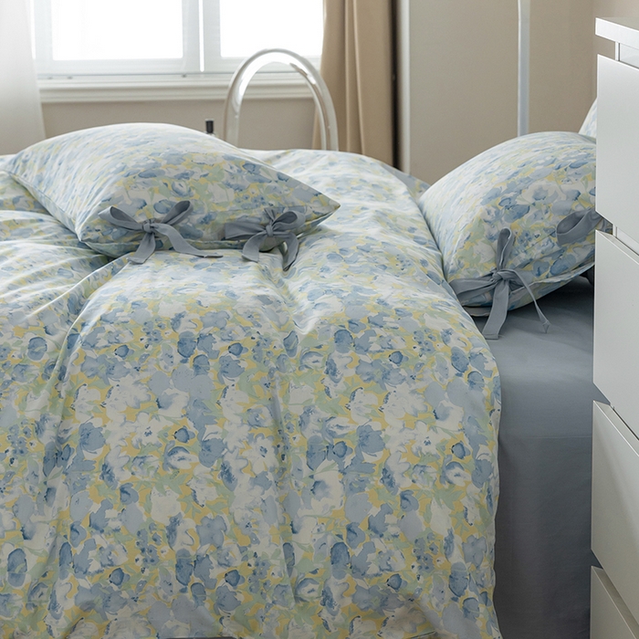 91家纺网 家纺一手货源 找家纺 绫韵家纺 2026新款13372全棉ins小碎花纯棉田园风床单床笠四件套系绳蝴蝶结系列二 元气兰