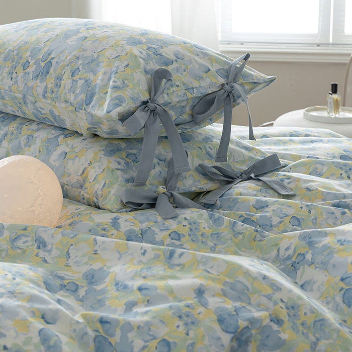 91家纺网 家纺一手货源 找家纺 绫韵家纺 2026新款13372全棉ins小碎花纯棉田园风床单床笠四件套系绳蝴蝶结系列二 元气兰