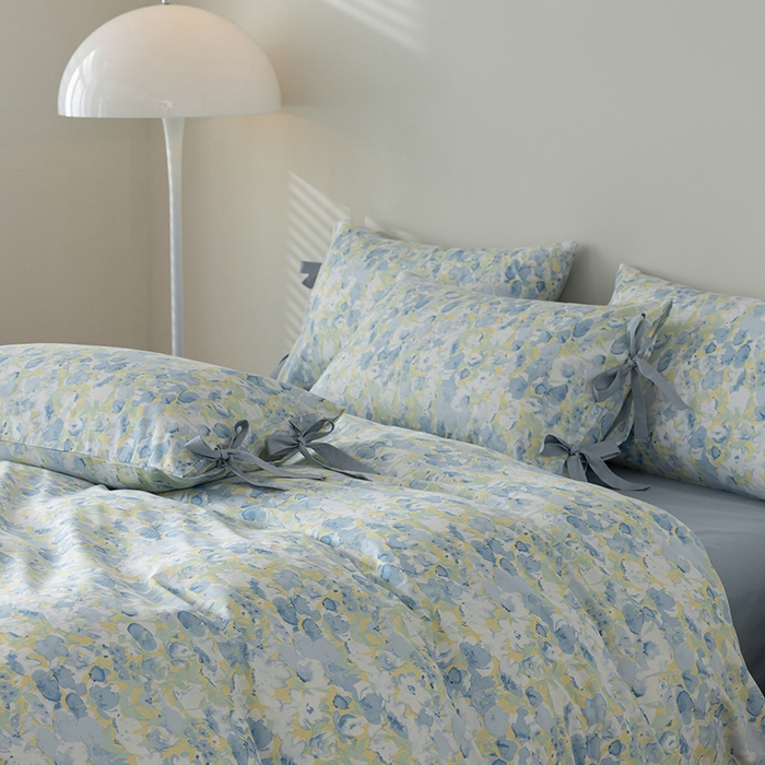 91家纺网 家纺一手货源 找家纺 绫韵家纺 2026新款13372全棉ins小碎花纯棉田园风床单床笠四件套系绳蝴蝶结系列二 元气兰