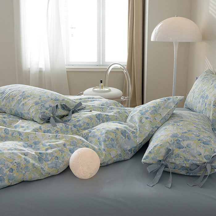 91家纺网 家纺一手货源 找家纺 绫韵家纺 2026新款13372全棉ins小碎花纯棉田园风床单床笠四件套系绳蝴蝶结系列二 元气兰