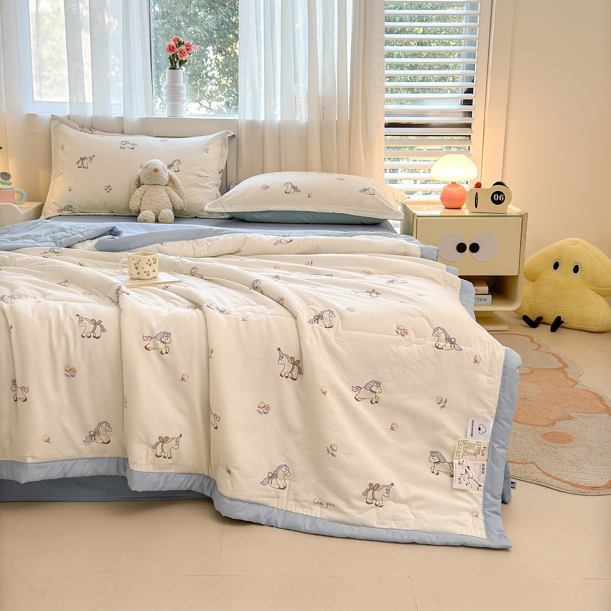 91家纺网 家纺一手货源 找家纺 2026新款A类新疆棉花夏凉被加宽包边水洗棉卡通印花吸湿透气棉花夏被空调被 凌香 马上发财