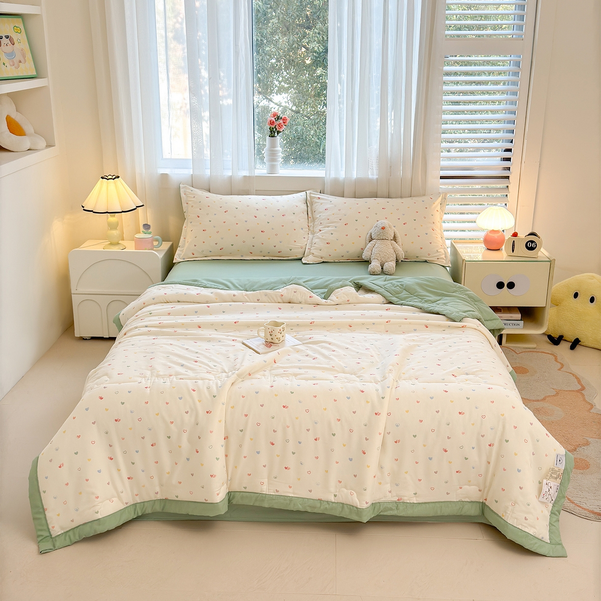 91家纺网 家纺一手货源 找家纺 2026新款A类新疆棉花夏凉被加宽包边水洗棉卡通印花吸湿透气棉花夏被空调被 凌香 心心相印