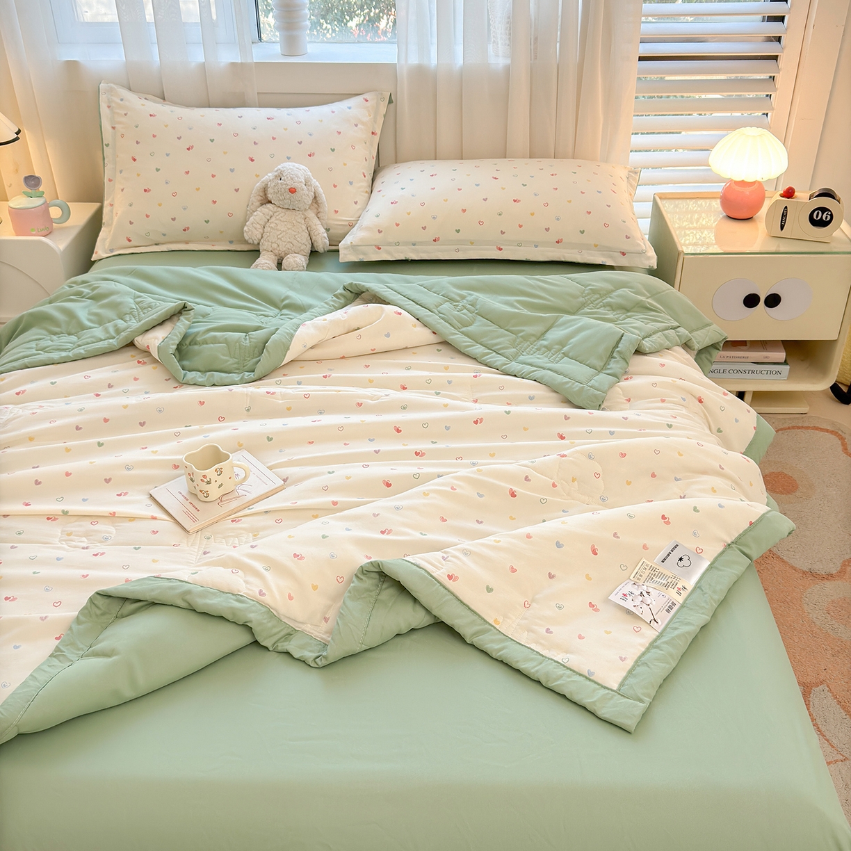 91家纺网 家纺一手货源 找家纺 2026新款A类新疆棉花夏凉被加宽包边水洗棉卡通印花吸湿透气棉花夏被空调被 凌香 心心相印