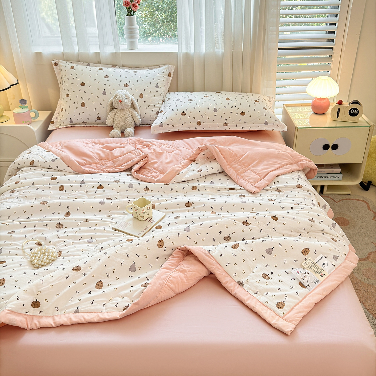 91家纺网 家纺一手货源 找家纺 2026新款A类新疆棉花夏凉被加宽包边水洗棉卡通印花吸湿透气棉花夏被空调被 凌香 心怡南瓜