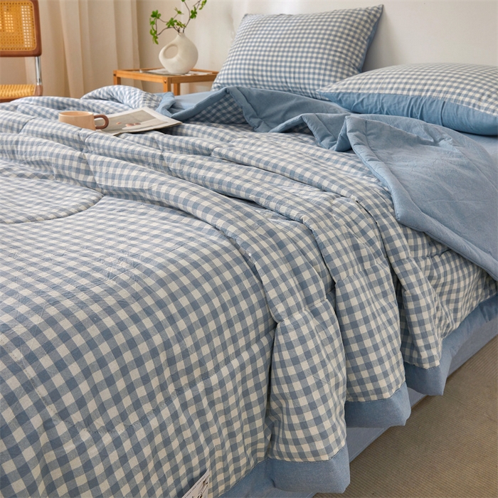 91家纺网 家纺一手货源 找家纺 2026新款A类里外全棉夏凉被100%新疆棉纯棉全棉填充无印格子款空调被全棉夏被 里外全棉-蓝小格