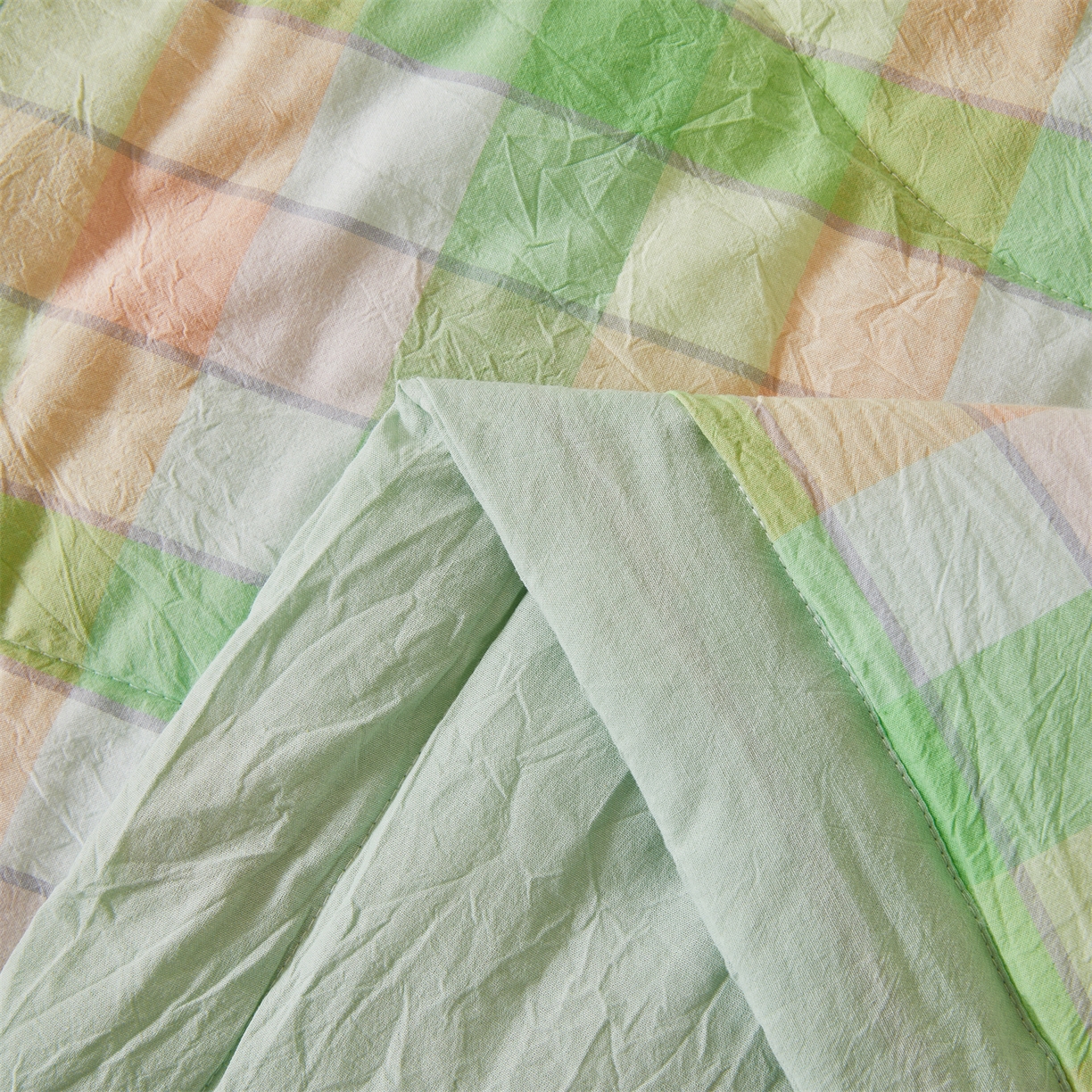 91家纺网 家纺一手货源 找家纺 2026新款A类里外全棉夏凉被100%新疆棉纯棉全棉填充无印格子款空调被全棉夏被 里外全棉-绿橙格