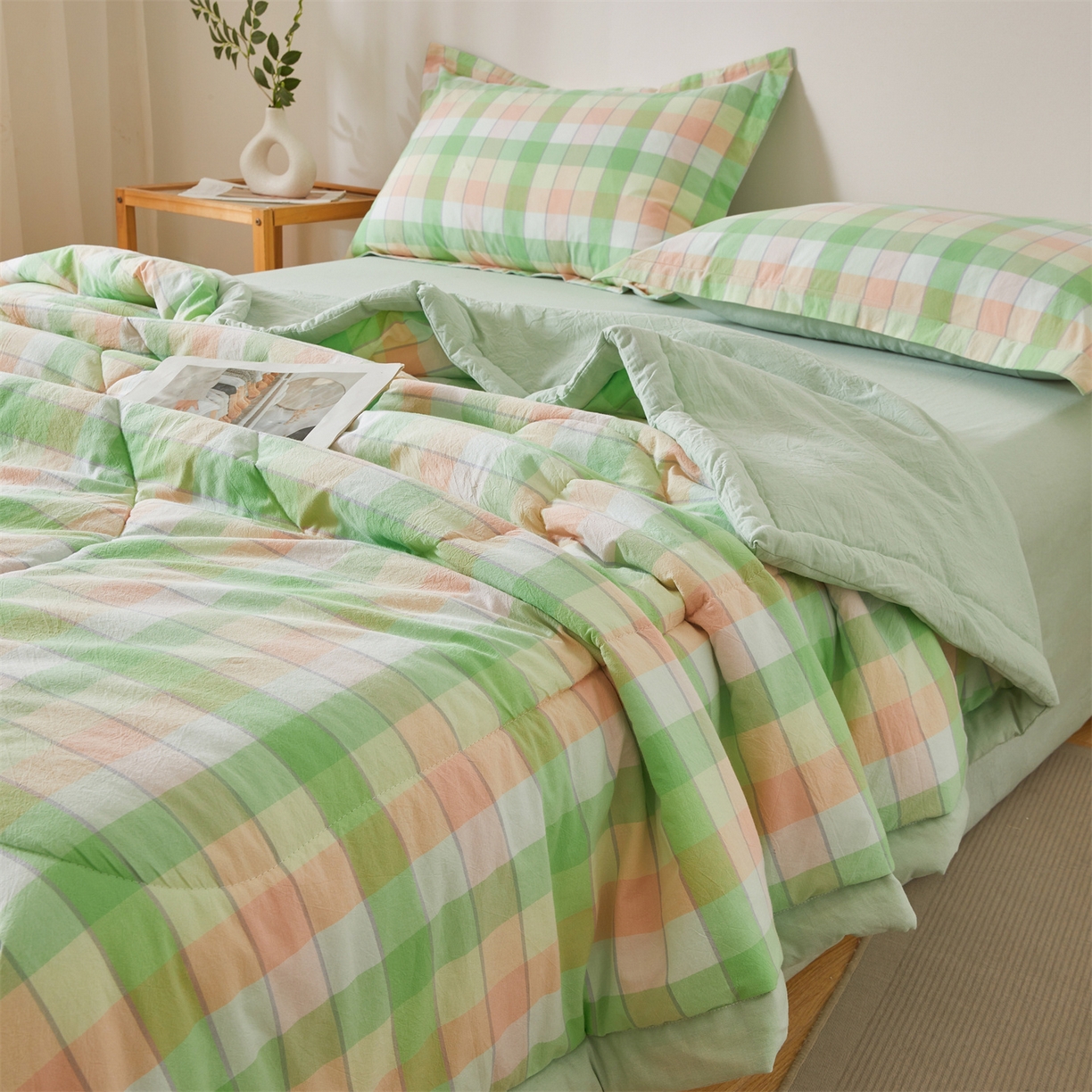 91家纺网 家纺一手货源 找家纺 2026新款A类里外全棉夏凉被100%新疆棉纯棉全棉填充无印格子款空调被全棉夏被 里外全棉-绿橙格