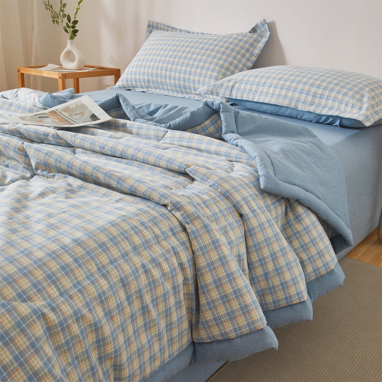 91家纺网 家纺一手货源 找家纺 2026新款A类里外全棉夏凉被100%新疆棉纯棉全棉填充无印格子款空调被全棉夏被 里外全棉-麦田 蓝格