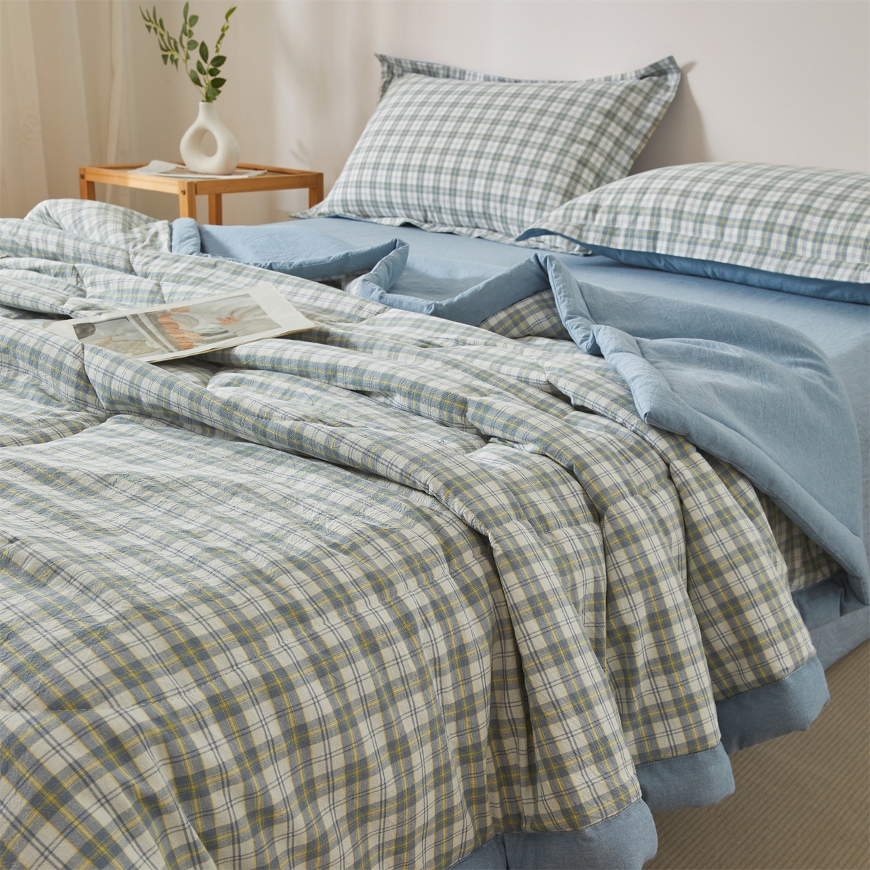 91家纺网 家纺一手货源 找家纺 2026新款A类里外全棉夏凉被100%新疆棉纯棉全棉填充无印格子款空调被全棉夏被 里外全棉-森屿 蓝格