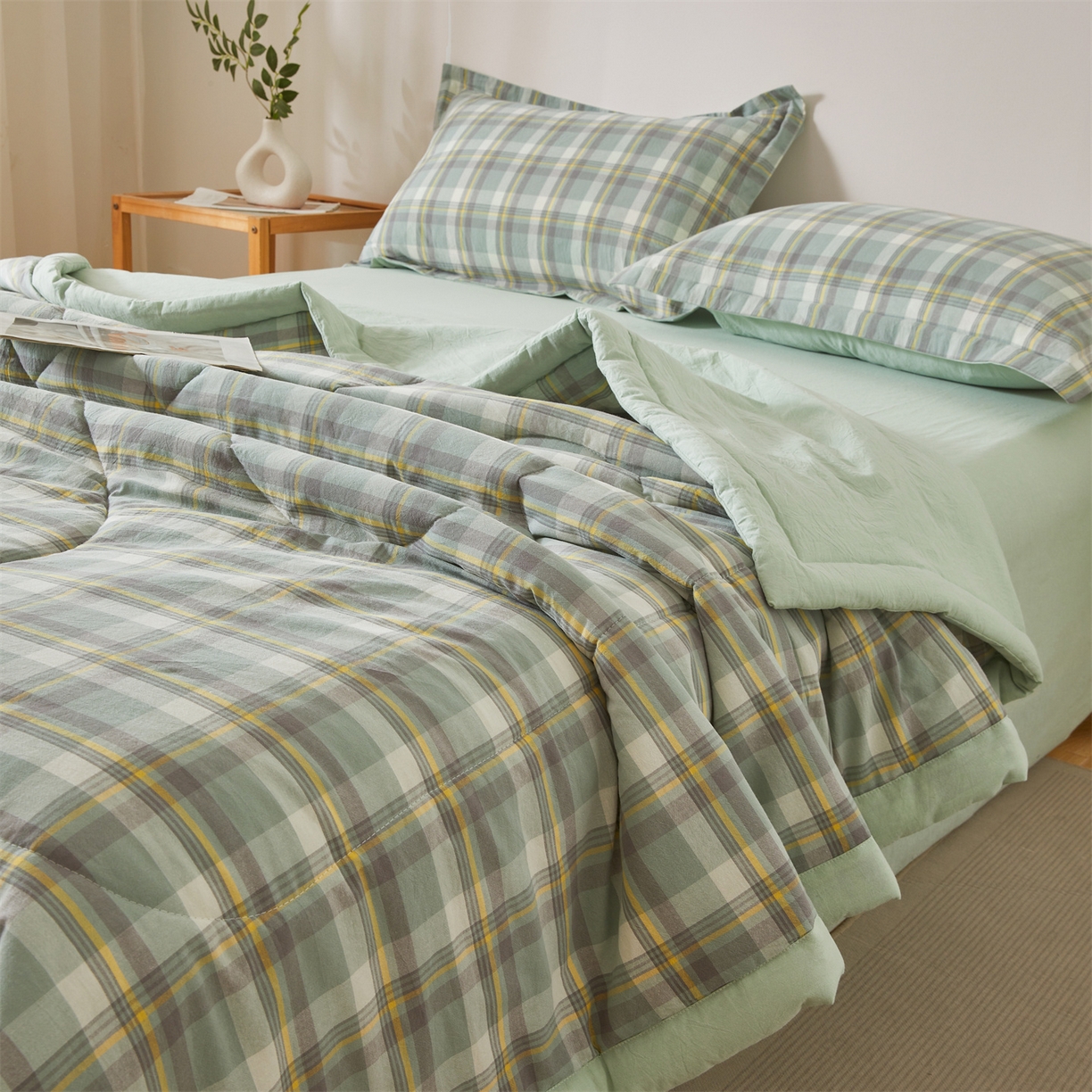 91家纺网 家纺一手货源 找家纺 2026新款A类里外全棉夏凉被100%新疆棉纯棉全棉填充无印格子款空调被全棉夏被 里外全棉-印象 绿格