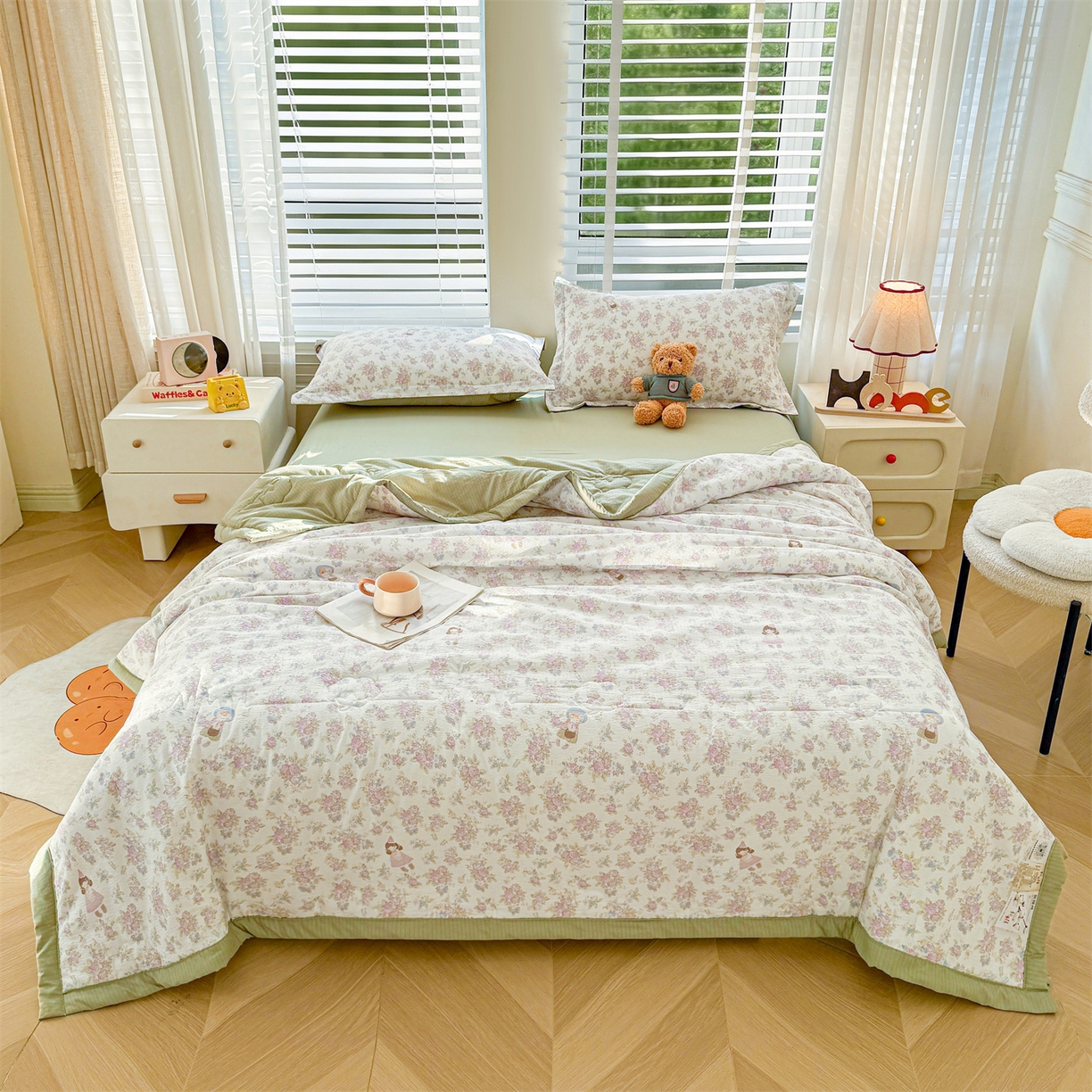 91家纺网 家纺一手货源 找家纺 2026新款A类新疆棉花夏凉被加宽包边水洗棉卡通印花吸湿透气棉花夏被空调被 云感花梦女孩