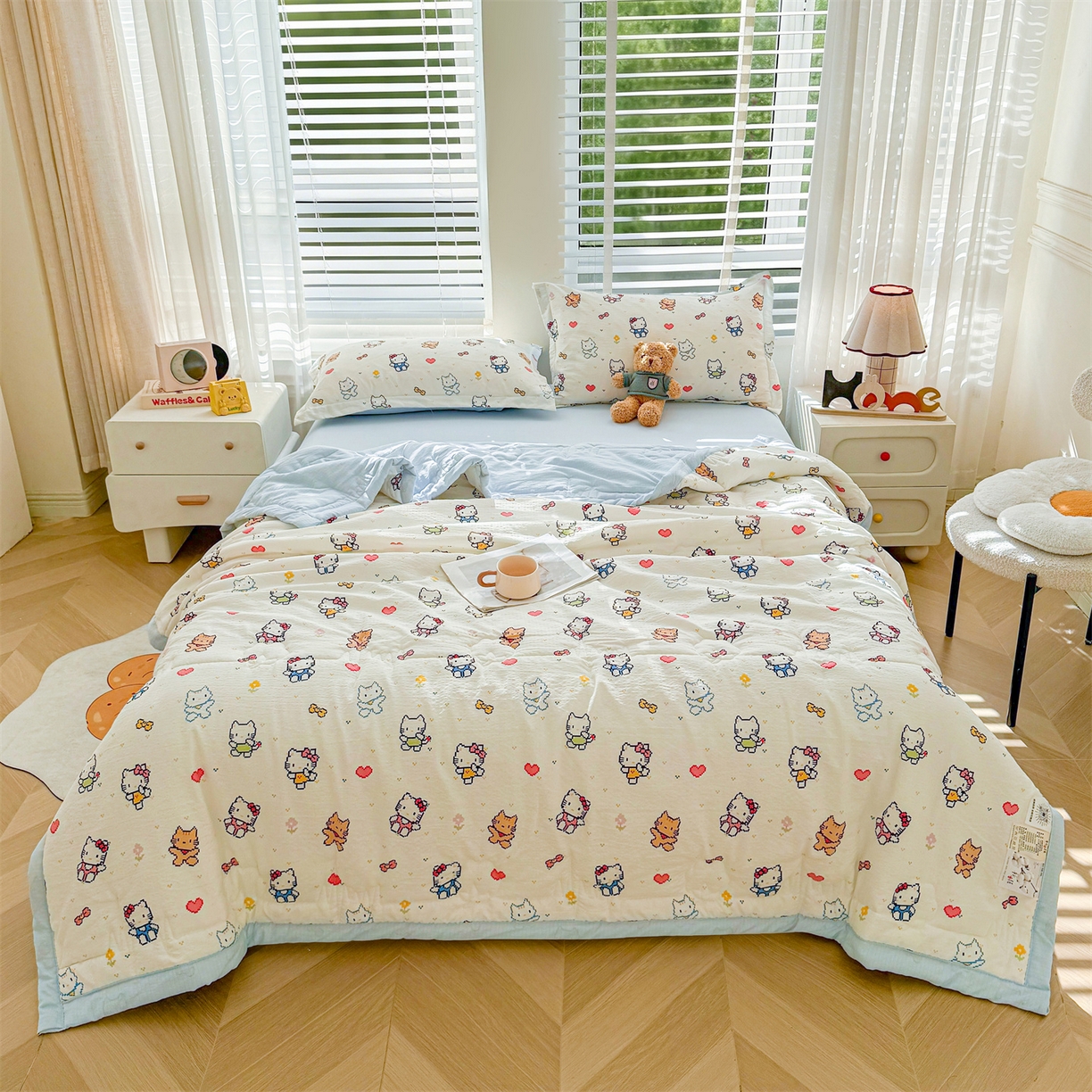 91家纺网 家纺一手货源 找家纺 2026新款A类新疆棉花夏凉被加宽包边水洗棉卡通印花吸湿透气棉花夏被空调被 云感晶咪