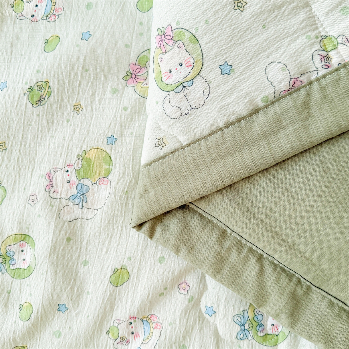 91家纺网 家纺一手货源 找家纺 2026新款A类新疆棉花夏凉被加宽包边水洗棉卡通印花吸湿透气棉花夏被空调被 云感青苹果