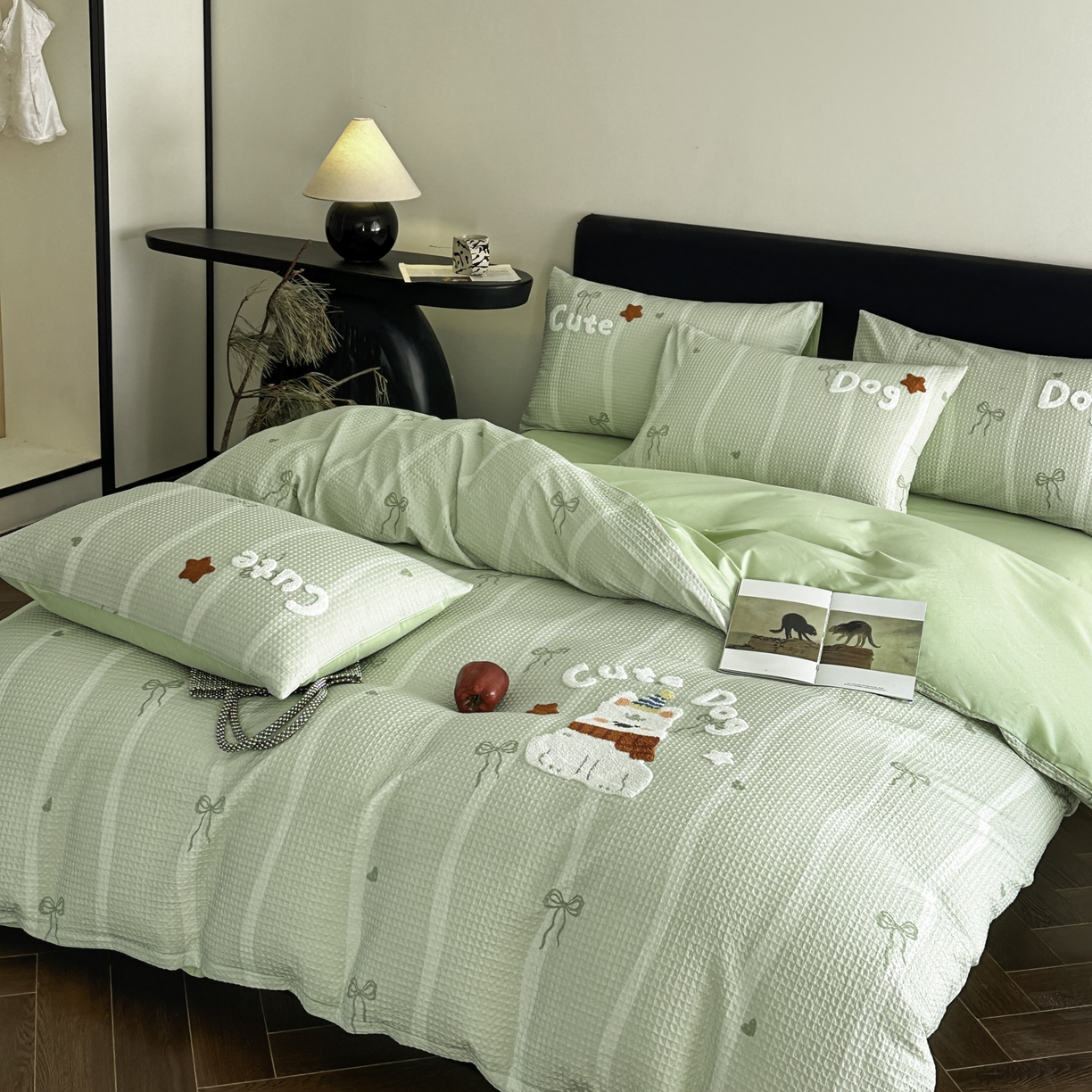 91家纺网 家纺一手货源 找家纺 ab家纺 2026新款全棉华夫格毛巾绣四件套 舒沐-绿