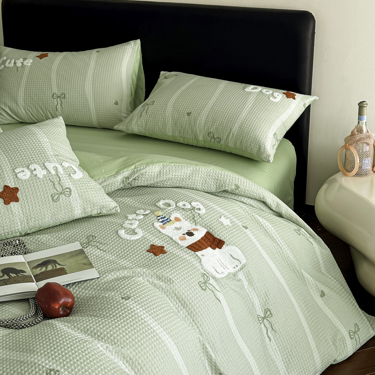 91家纺网 家纺一手货源 找家纺 ab家纺 2026新款全棉华夫格毛巾绣四件套 舒沐-绿